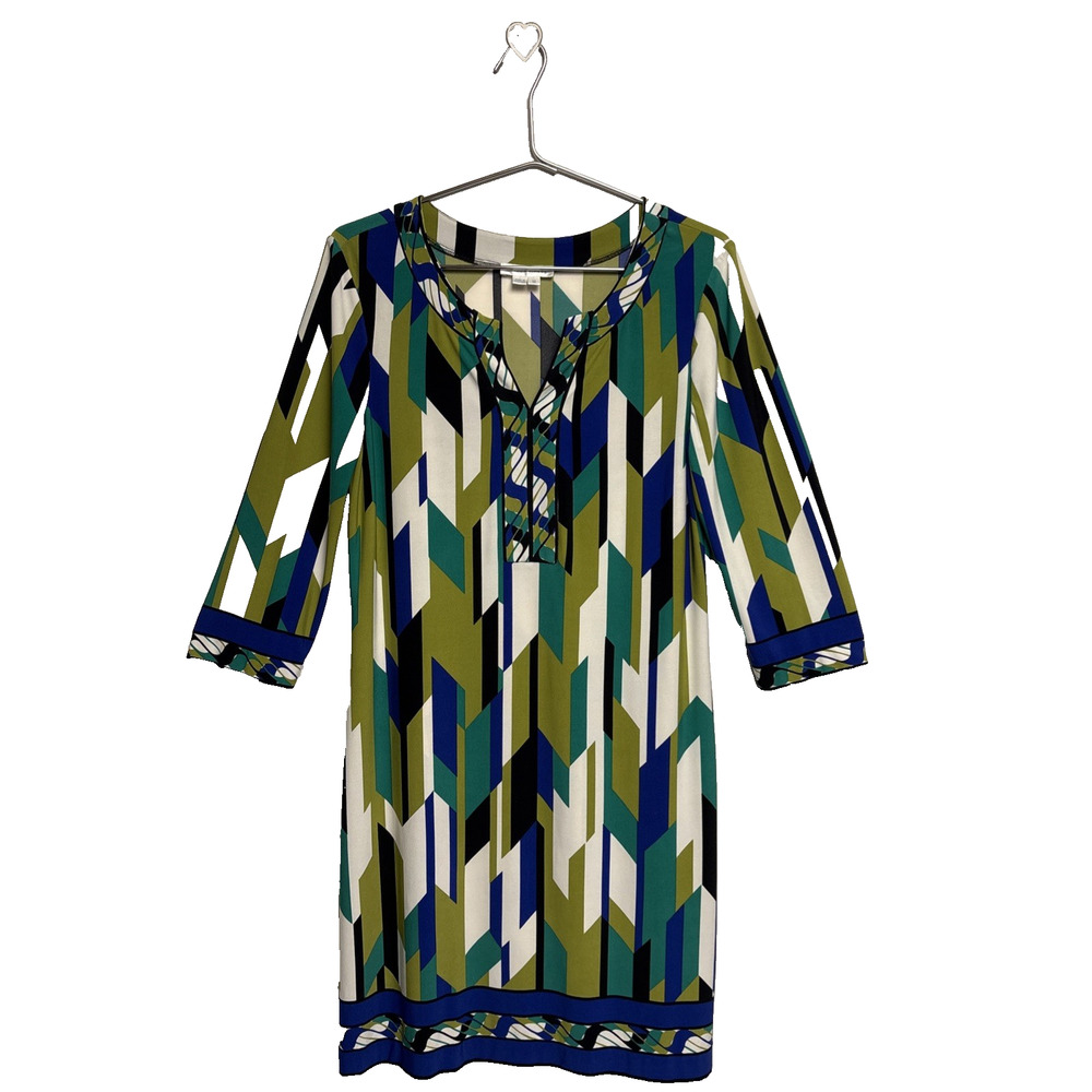 London Times Art Deco Style Blue Green 3/4 Sleeve Dress - Size 12